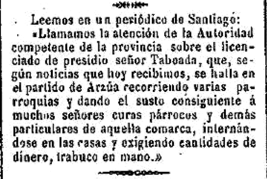Recorte de prensa de El Lucense do 13 de outubro de 1887 sobre o licenciado de presidio Taboada percorrendo o partido de Arzúa