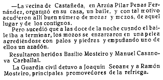 Recorte da revista Vida Gallega do 1 de marzo de 1928 coa nova da lea nun baile en Castañeda
