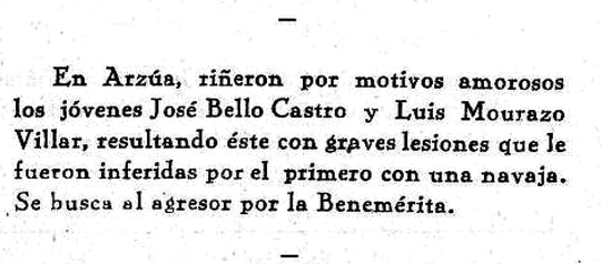 Recorte da revista Vida Gallega do 10 de abril de 1933 coa nova da rina entre Jose Bello Castro e Luis Mourazo Villar
