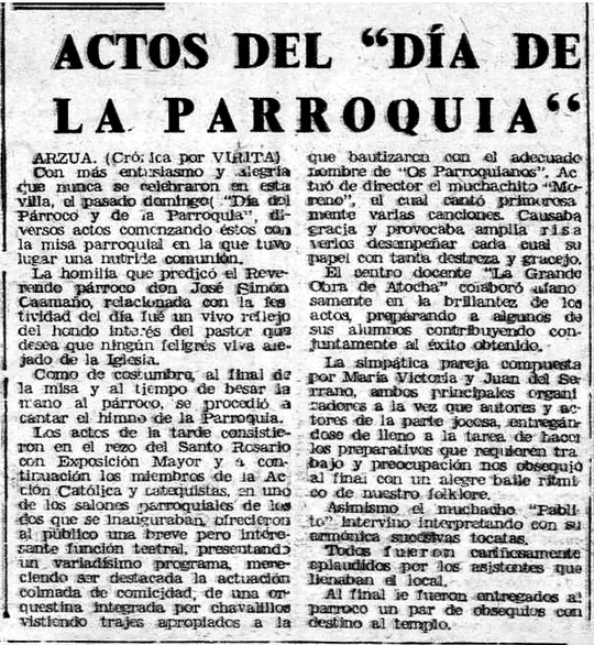 Recorte de El Correo Gallego, 11 de maio de 1962, 'Actos del Día de la Parroquia' en Arzúa
