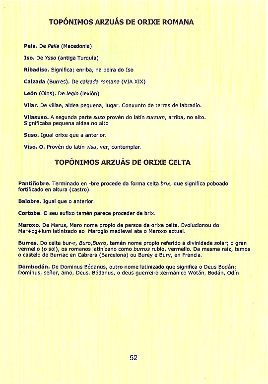 Topónimos arzuáns de orixe romana e celta - páxina 52 do libro Valores naturais do Camiño de Santiago no Concello de Arzúa